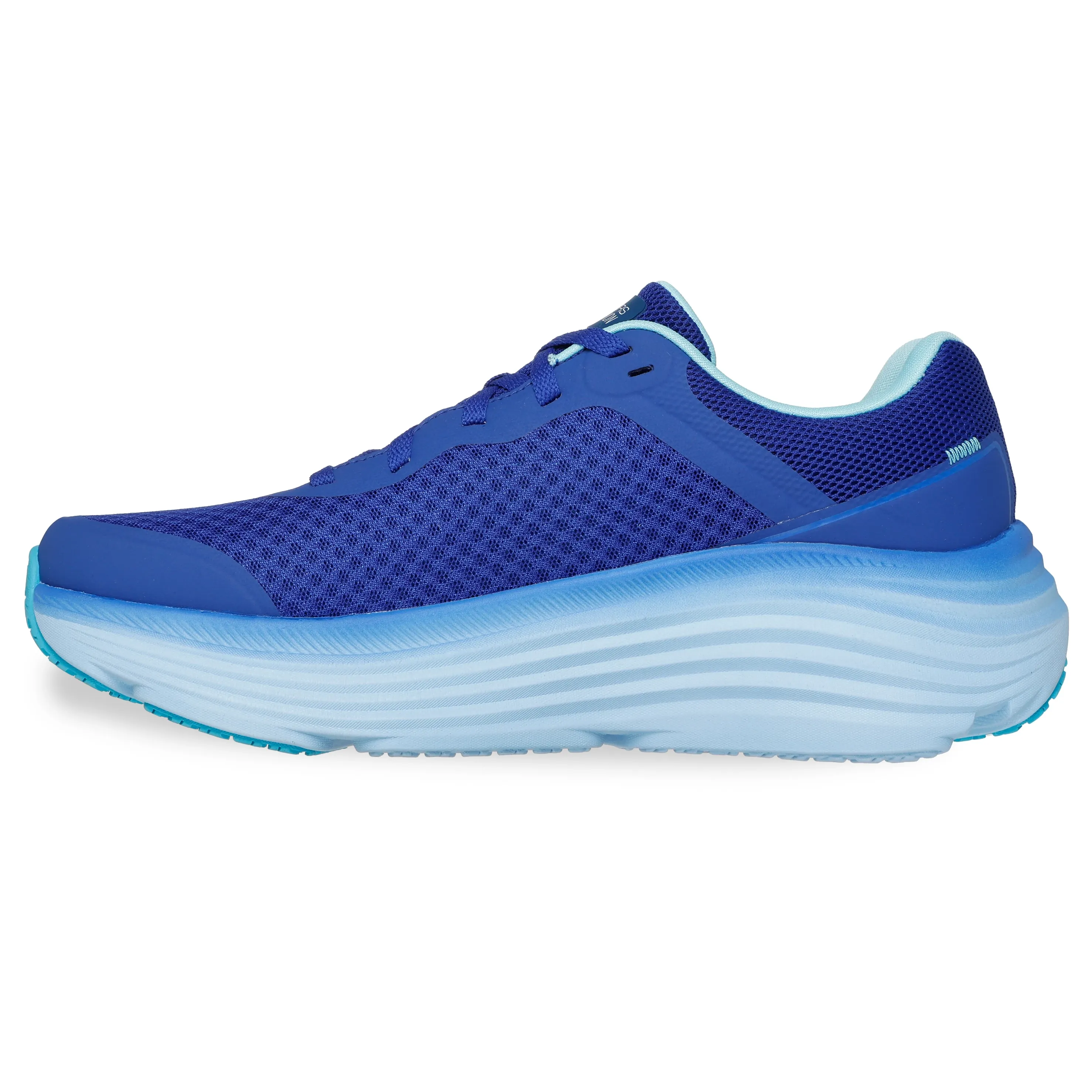 Tênis masculino Skechers Max Cushioning azul vista lateral direita destacando detalhes técnicos